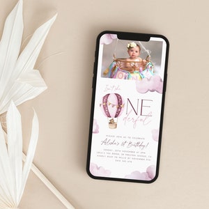 Onederful 1st Birthday Evite with Photo Template, One-derful Digital Invite Pink Hot Air Balloon First Birthday Girl Photo Evite Text - ON1