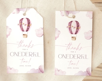 Onederful First Birthday Thank You Tag Template, Onederful 1st Birthday Favor Tags Template Hot Air Balloon Printable Gift Tag for Girls ON1
