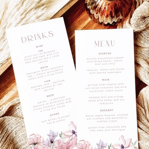 Blush Pink Bridal Shower Menu Template. Pink Floral Bridal Shower Menu Card Floral Menu Drinks Card Printable Menu Watercolor Wildflower PF2