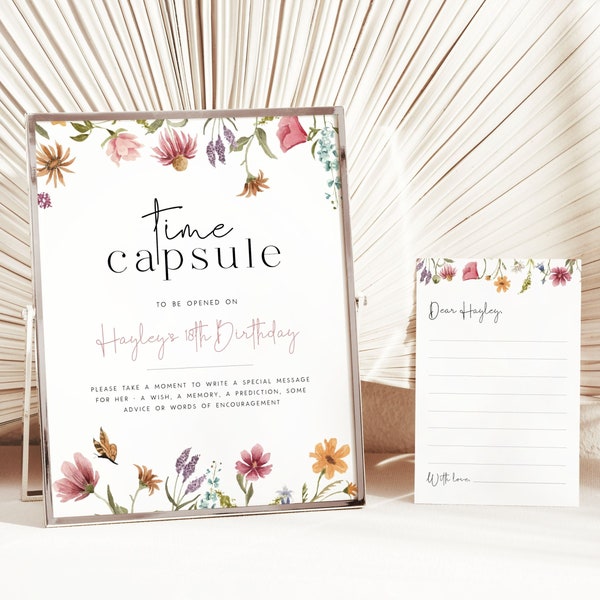 Wildflower Time Capsule Sign 1st Birthday Template, Wildflower Birthday Time Capsule Editable Time Capsule Printable Note Card for Girls, W1