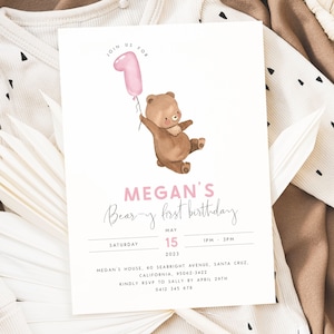 Bear 1st Birthday Invitation Template Editable Beary First Birthday Invite Pink Teddy Bear Birthday Balloons for Girls 1st Birthday Girl PB4