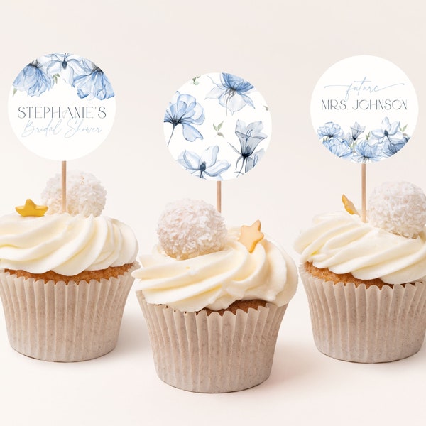 Dusty Blue Bridal Shower Cupcake Toppers. Blue Floral Bridal Shower Cupcake Topper Template Blue Editable Cupcake Toppers Party Decor, BF2