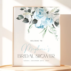 Blue Bridal Shower Welcome Sign. Boho Blue Floral Bridal Shower Sign Editable Welcome Board Watercolor Welcome Poster Blue Flower Bridal BF4