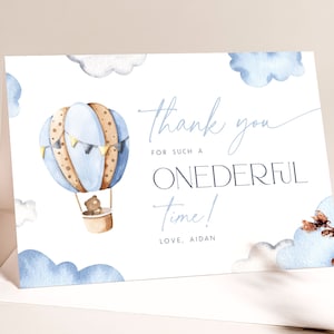 Modello di biglietto di ringraziamento per il primo compleanno Onederful, modello di biglietto di ringraziamento Onederful Modello di biglietto di ringraziamento per il compleanno di un ragazzo con mongolfiera Stampabile con tenda ON1