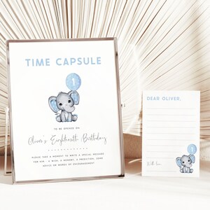 Elephant 1st Birthday Time Capsule Editable Template Elephant First Birthday Boy Time Capsule Blue Elephant Birthday Time Capsule Cards, BB7