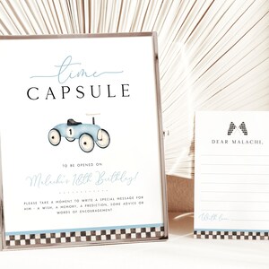 Baby Blue Race Car Time Capsule 1st Birthday Template, Vintage Race Car First Birthday Editable Time Capsule Printable Note Card Boys R11 R7