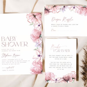 Blush Pink Baby Shower Invitation Suite. Pink Floral Baby Shower Invite Suite Diaper Raffle Books for Baby Boy Card Editable Watercolor, PF1