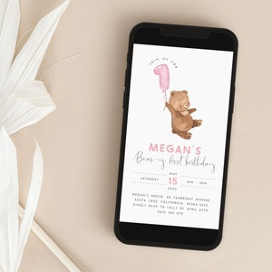 Bear 1st Birthday Evite Editable Template Beary First Birthday Digital Invitation Pink Teddy Bear Birthday Balloon for Girls Text Invite PB4