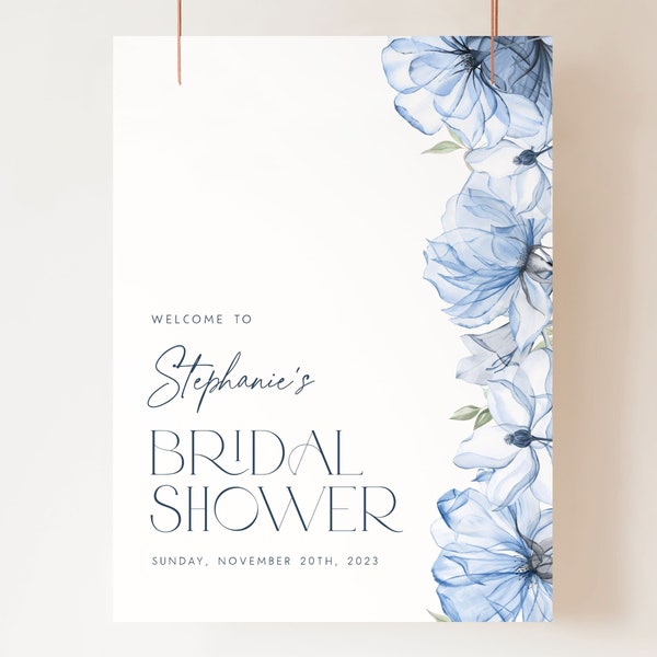 Dusty Blue Bridal Shower Welcome Sign. Blue Floral Bridal Shower Sign Editable Welcome Board Watercolor Welcome Poster Wildflower Bridal BF2