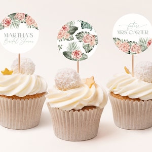 Tropical Bridal Shower Cupcake Toppers Greenery Bridal Shower Cupcake Topper Template Green Floral Cupcake Toppers Party Decor Boho Palm TF2