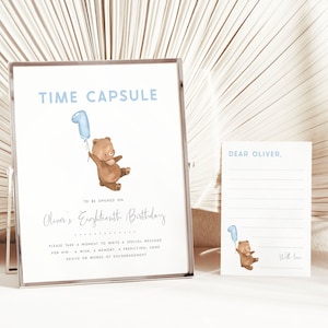 Bear 1st Birthday Time Capsule Editable Template Beary First Birthday Boy Time Capsule Blue Teddy Bear Birthday Bear Time Capsule Cards, BB4