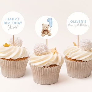 Bear 1st Birthday Cupcake Toppers Template. Editable Beary First Birthday for Boys Cupcake Toppers Blue Teddy Bear Birthday Boy Balloons BB1