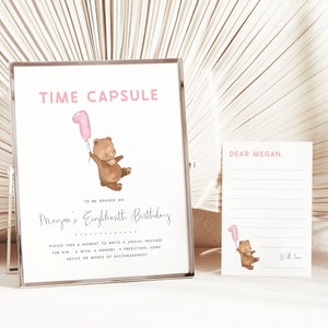Bear 1st Birthday Time Capsule Editable Template Beary First Birthday Girl Time Capsule Pink Teddy Bear Birthday Bear Time Capsule Cards PB4