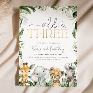 Young, Wild & Three Birthday Invitation Template. Editable Jungle Third Birthday Invite Party Animals Safari Wild Three Invitation Boys - J3