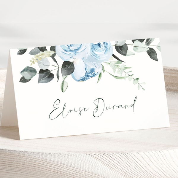 Dusty Blue Bridal Shower Place Cards Template Boho Blue Floral Bridal Shower Editable Place Card Watercolor Blue Folded Name Card Flower BF4
