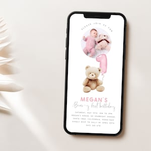 Bear 1st Birthday Evite Editable Template Beary First Birthday Digital Invite with Photo Pink Teddy Bear Birthday for Girls Text Invite, PB1