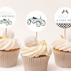 Baby Blue Race Car First Birthday Cupcake Toppers Template. Race Car Decorations Editable Cupcake Toppers 1st Birthday Stickers Boys R11 R7