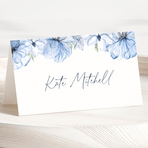 Dusty Blue Baby Shower Place Cards Template Blue Floral Baby Shower Editable Place Cards Watercolor Baby Boy Folded Name Card Wildflower BF1