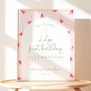 One in a Melon Welcome Sign 1st Birthday Editable Watermelon Welcome Sign Watermelon Birthday Welcome Poster Melon Welcome Board for Girl M1