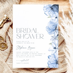 Dusty Blue Bridal Shower Invitation Template. Blue Floral Bridal Shower Invite Editable Invitation Watercolor Bridal Brunch Wildflower, BF2