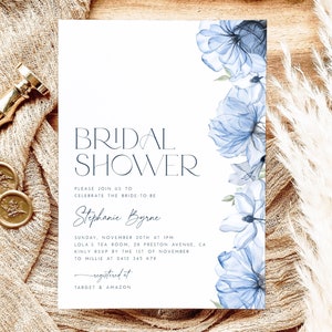 Dusty Blue Bridal Shower Invitation Template. Blue Floral Bridal Shower Invite Editable Invitation Watercolor Bridal Brunch Wildflower, BF2