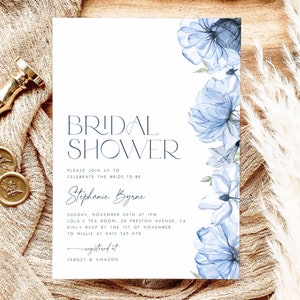 Dusty Blue Bridal Shower Invitation Template. Blue Floral Bridal Shower Invite Editable Invitation Watercolor Bridal Brunch Wildflower, BF2