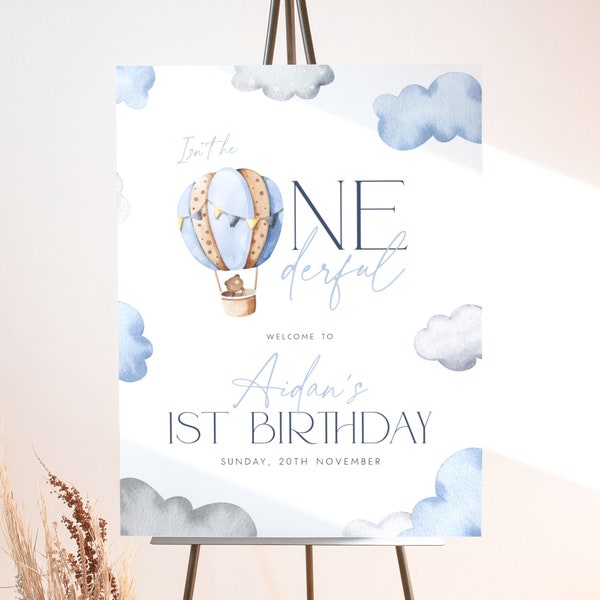 Onederful 1st Birthday Welcome Sign Template. Editable One-derful Blue Hot Air Balloon First Birthday Boy Welcome Poster Board Template ON1