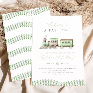 Editable Train 1st Birthday Invitation Template. Chugga Choo Choo First Birthday Invite Green Train Birthday Invite Train Party for Boys TR1