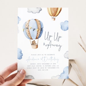Up Up and Away 1st Birthday Invitation Template, Hot Air Balloon First Birthday Boy Invite Blue Adventure Awaits Template Printable Invite