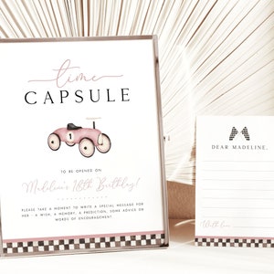 Pink Race Car Time Capsule 1st Birthday Girl, Vintage Race Car First Birthday Editable Time Capsule Printable Note Card for Girls, R12 R7