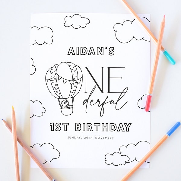 Editable Coloring Page Template. Onederful Birthday Party Activity Game Printable Coloring Page Party Decor Kids Neutral Hot Air Balloon ON1