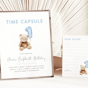 Bear 1st Birthday Time Capsule Editable Template Beary First Birthday Boy Time Capsule Blue Teddy Bear Birthday Bear Time Capsule Cards, BB1