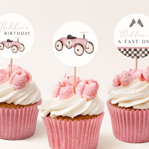 Pink Race Car First Birthday Cupcake Toppers Template. Race Car Decorations Editable Cupcake Toppers 1st Birthday Girl Stickers Girls R12 R7