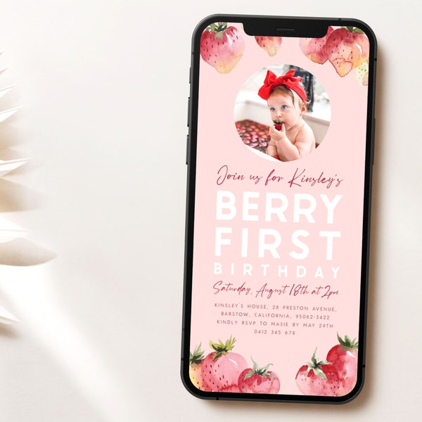 Berry First Birthday Evite with Photo, Strawberry Digital Invitation Strawberry Birthday Girl Editable Berry Evite for Girls Text Invite B4