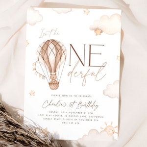 Onederful 1st Birthday Invitation Template, Onederful Neutral Hot Air Balloon First Birthday Invite Editable Template Onederful Birthday ON2