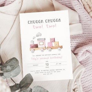 Chugga Chugga Two Two Birthday Invitation Template Printable Train Second Birthday Invite Editable Train Invitation Pink Invite for Girls T1