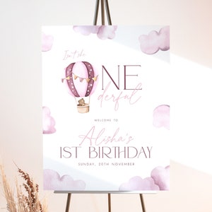 Onederful 1st Birthday Welcome Sign Template. Editable One-derful Pink Hot Air Balloon First Birthday Girl Welcome Poster Board Template ON1