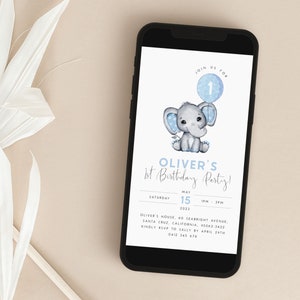 Elefant Einladungsvorlage zum 1. Bearbeitbar Erster Geburtstag Junge Text Laden Blauer Elefant Digitale Einladungsnummer Ballon Jedes Alter ein, BB7