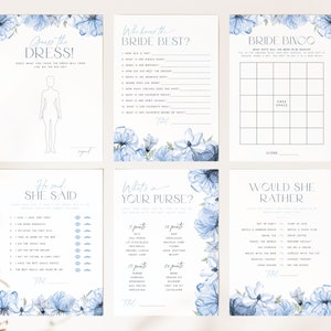 Dusty Blue Bridal Shower Games Bundle. Blue Floral Printable Bridal Shower Games Editable Games Watercolor Blue Bridal Brunch Wildflower BF2