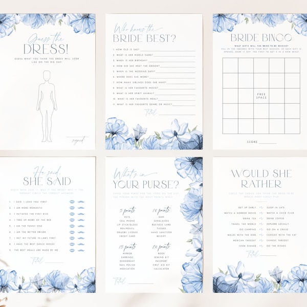 Dusty Blue Bridal Shower Games Bundle. Blue Floral Printable Bridal Shower Games Editable Games Watercolor Blue Bridal Brunch Wildflower BF2