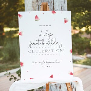 One in a Melon Welcome Sign 1st Birthday Editable Watermelon Welcome Sign Watermelon Birthday Welcome Poster Melon Welcome Board for Girl M2