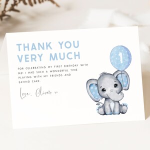 Carte de remerciement pour le 1er anniversaire de l'éléphant. Carte de remerciement d'anniversaire éléphant modifiable Anniversaire éléphant bleu, étiquette cadeau pour garçons, BB7