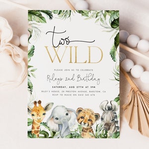 Two Wild Birthday Invitation Template Editable Jungle Second Birthday Invite Party Animals Two Wild Invitation Safari Invitation for Boys J2