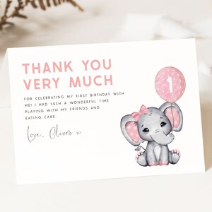 Bedankkaart voor de 1e verjaardag van de olifant. Bewerkbare olifant verjaardagsbedankkaart Tent roze olifant verjaardag voor meisjes Favor Tag Cadeaukaartje PB7