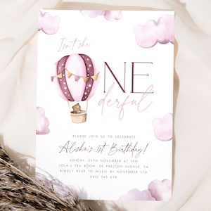 Onederful 1st Birthday Invitation Template One-derful Pink Hot Air Balloon First Birthday Girl Invite Template Printable Editable Invite ON1