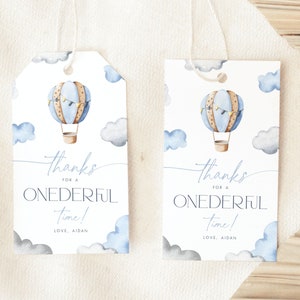 Onederful First Birthday Thank You Tag Template, Onederful 1st Birthday Favor Tags Template Hot Air Balloon Printable Gift Tag for Boys ON1