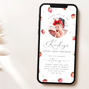 Berry First Birthday Evite with Photo. Strawberry Digital Invitation Strawberry Birthday Girl Editable Berry Evite for Girls Text Invite, B3