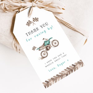 Plantilla de etiqueta de agradecimiento para moto de cross, moto de cross para el tercer cumpleaños de un niño de cualquier edad, etiqueta de agradecimiento para cumpleaños de moto de cross, etiqueta de regalo editable para niños, D3