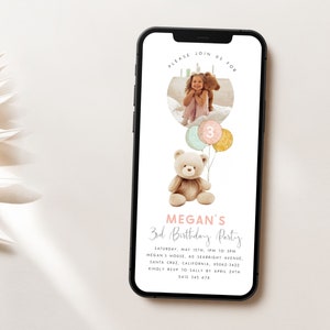 Beer verjaardag Evite bewerkbare Beary derde verjaardag digitale uitnodiging met foto roze teddybeer verjaardag meisje tekst uitnodigen voor meisjes van elke leeftijd, PB3