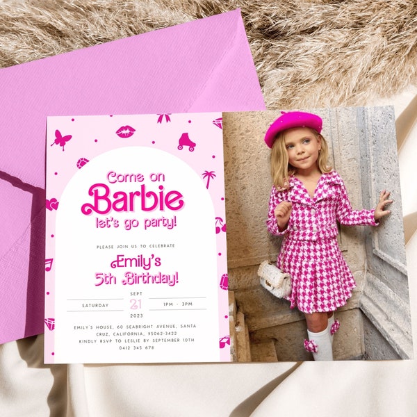 Hot Pink Doll Birthday Photo Invitation Template. Doll Party Invitation Pink Doll Birthday Photo Invite Hot Pink Birthday Invite Malibu, B5